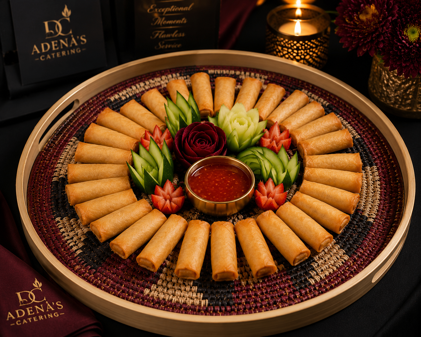 Signature spring roll platter with sweet chilli, cucumber and strawberry garnish