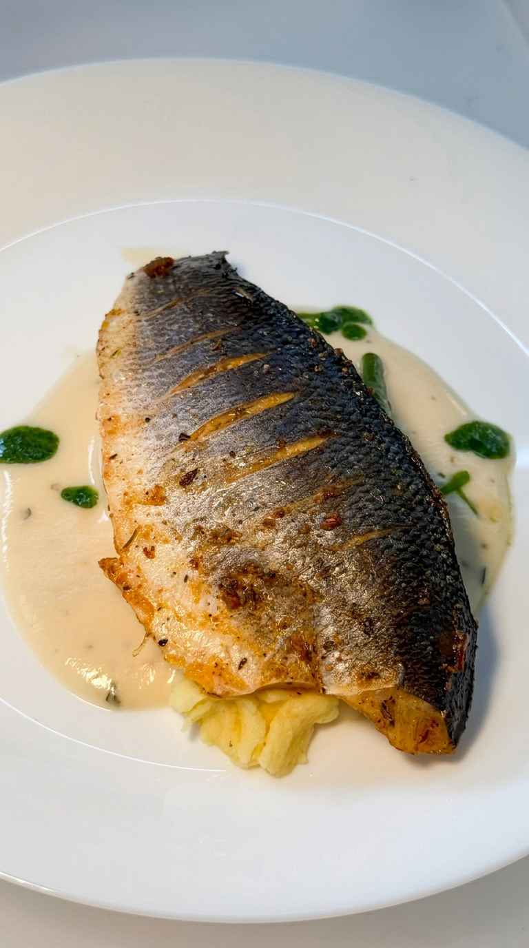Crisp-skinned fish fillet with mash and creamy sauce
