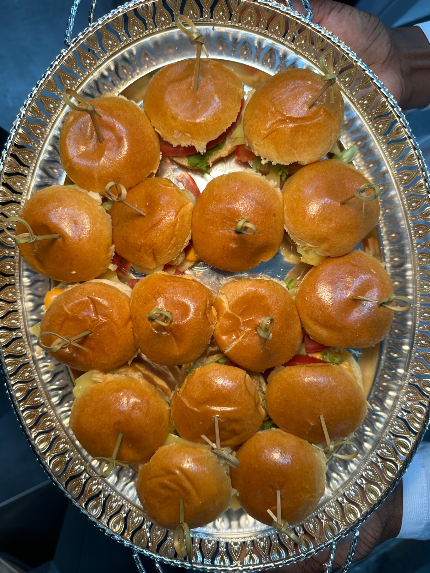 Brioche slider platter on a silver tray