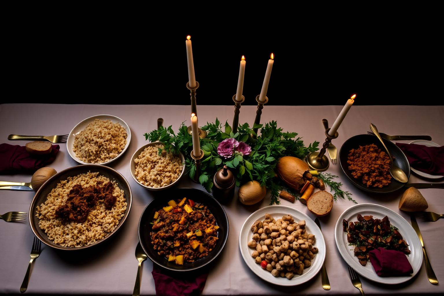 Catered banquet table with candles and dishes