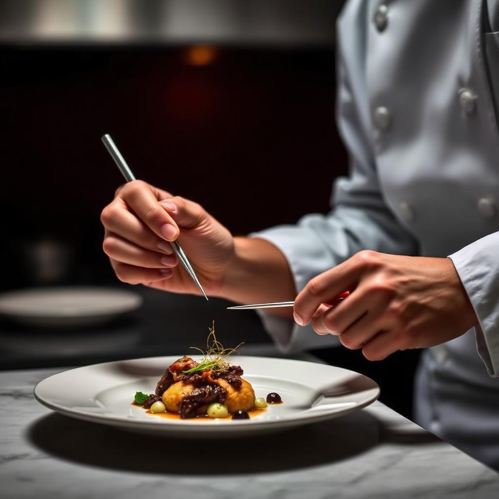 Chef plating a refined dish with tweezers
