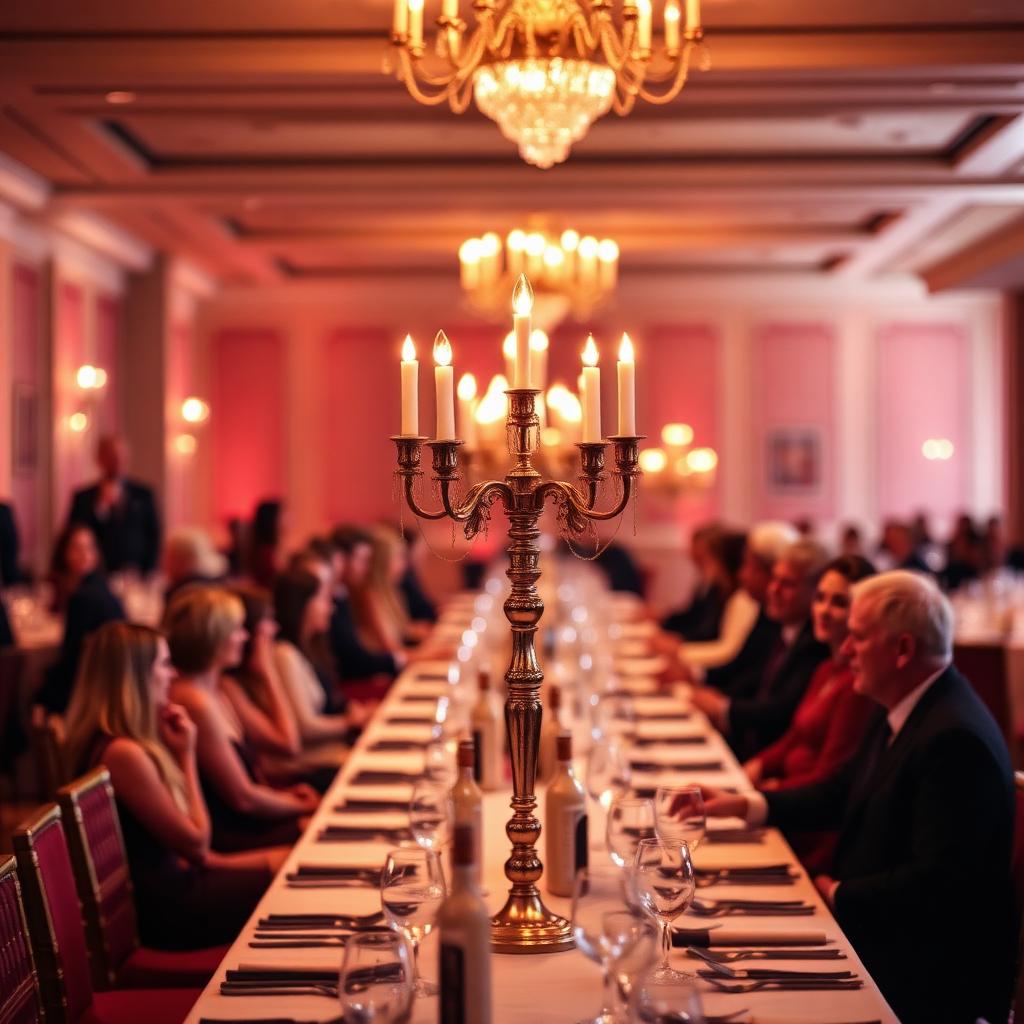 Corporate gala dinner with candelabra and guests