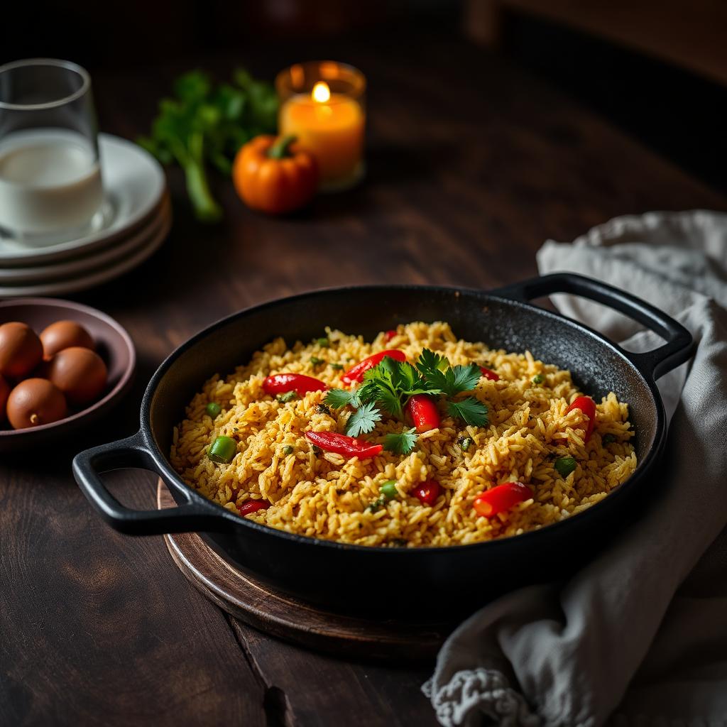 Jollof rice in a cast iron pan