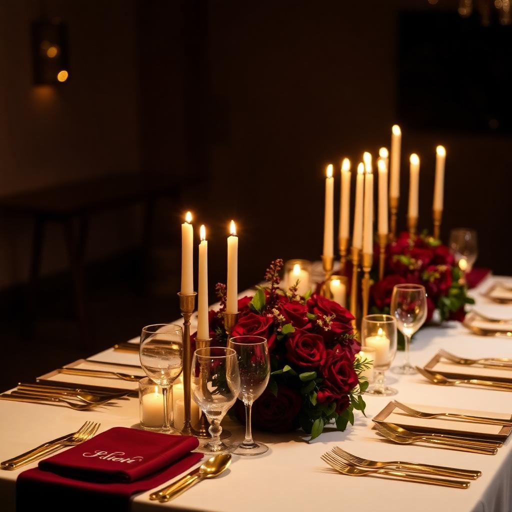 Wedding reception table with burgundy florals and candles